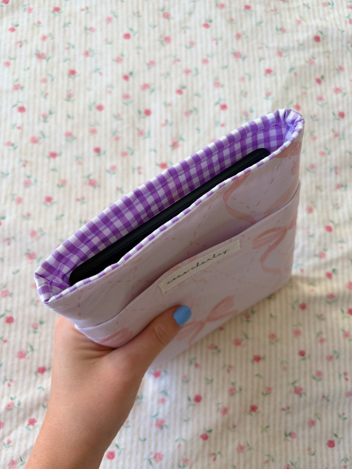 Large Pink Bow E-Reader/Book Sleeve - Purple Gingham