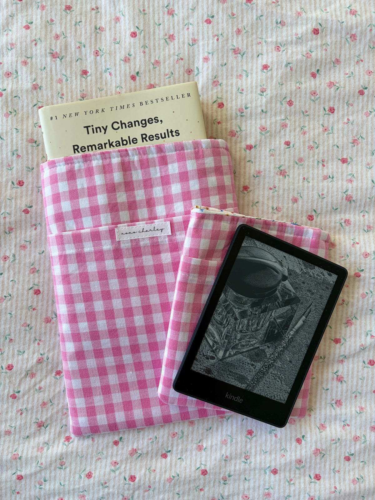 Pink Gingham E-Reader/Book Sleeve - Mini Colorful Flowers