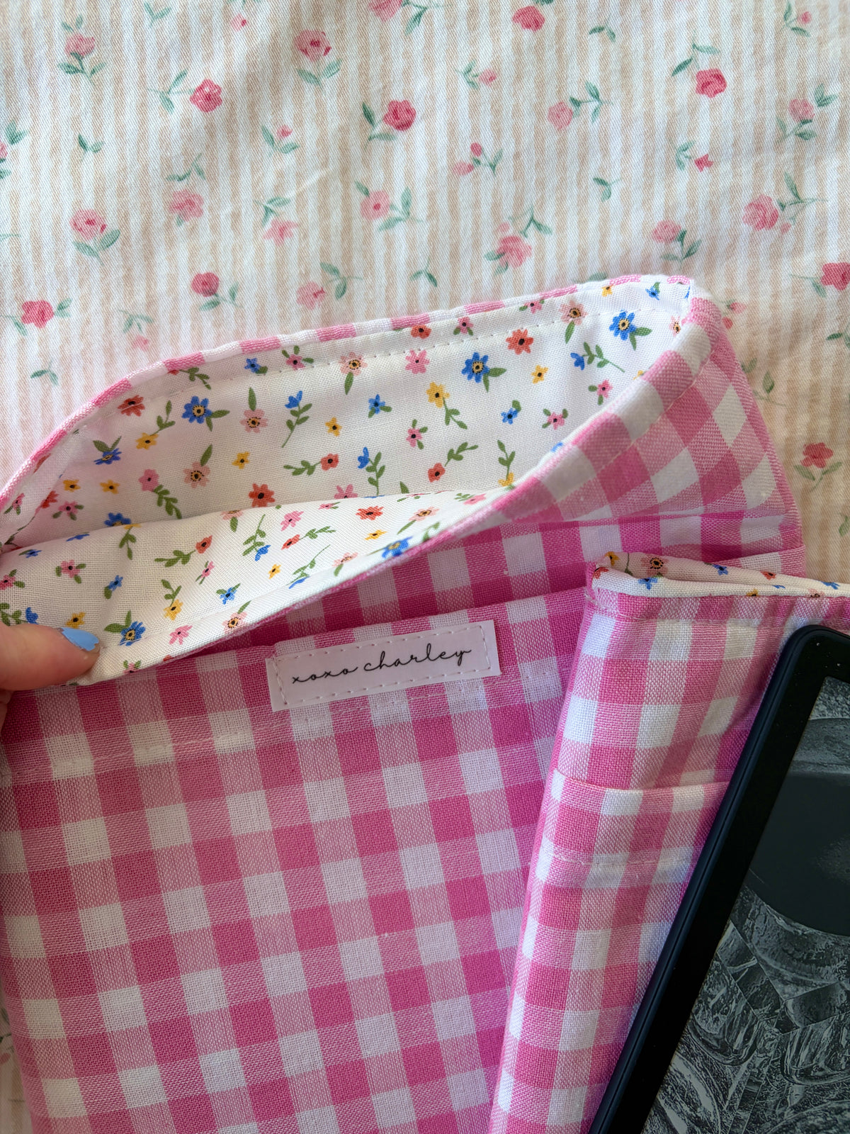 Pink Gingham E-Reader/Book Sleeve - Mini Colorful Flowers