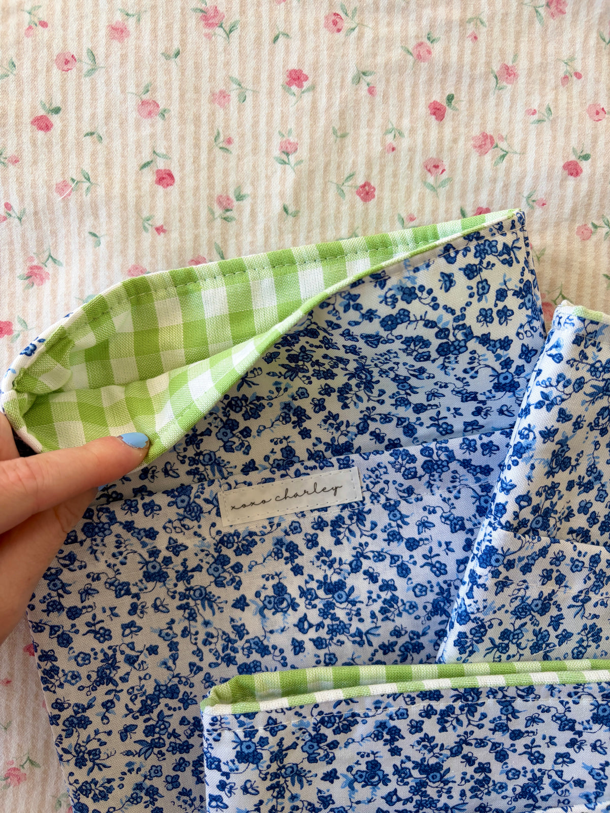 Royal Blue Floral E-Reader/Book Sleeve - Green Gingham