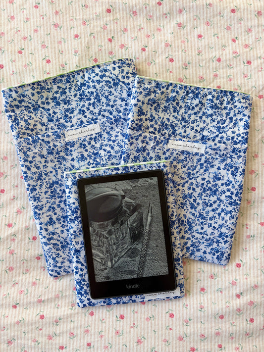 Royal Blue Floral E-Reader/Book Sleeve - Green Gingham