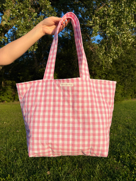 Pink Gingham Large Tote Bag