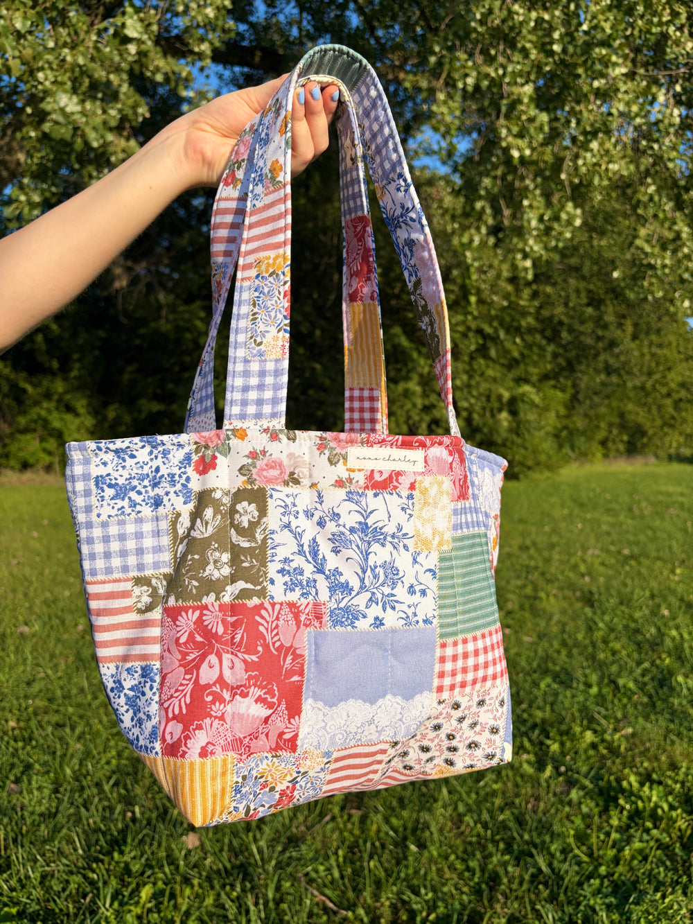 Colorful patchwork mini tote bag with front patchwork panels