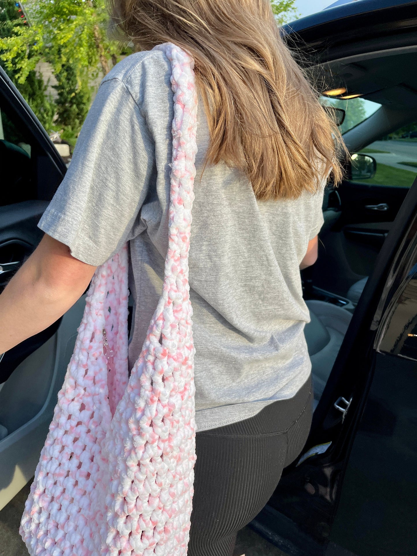 Pink and White Crocheted Market Bag