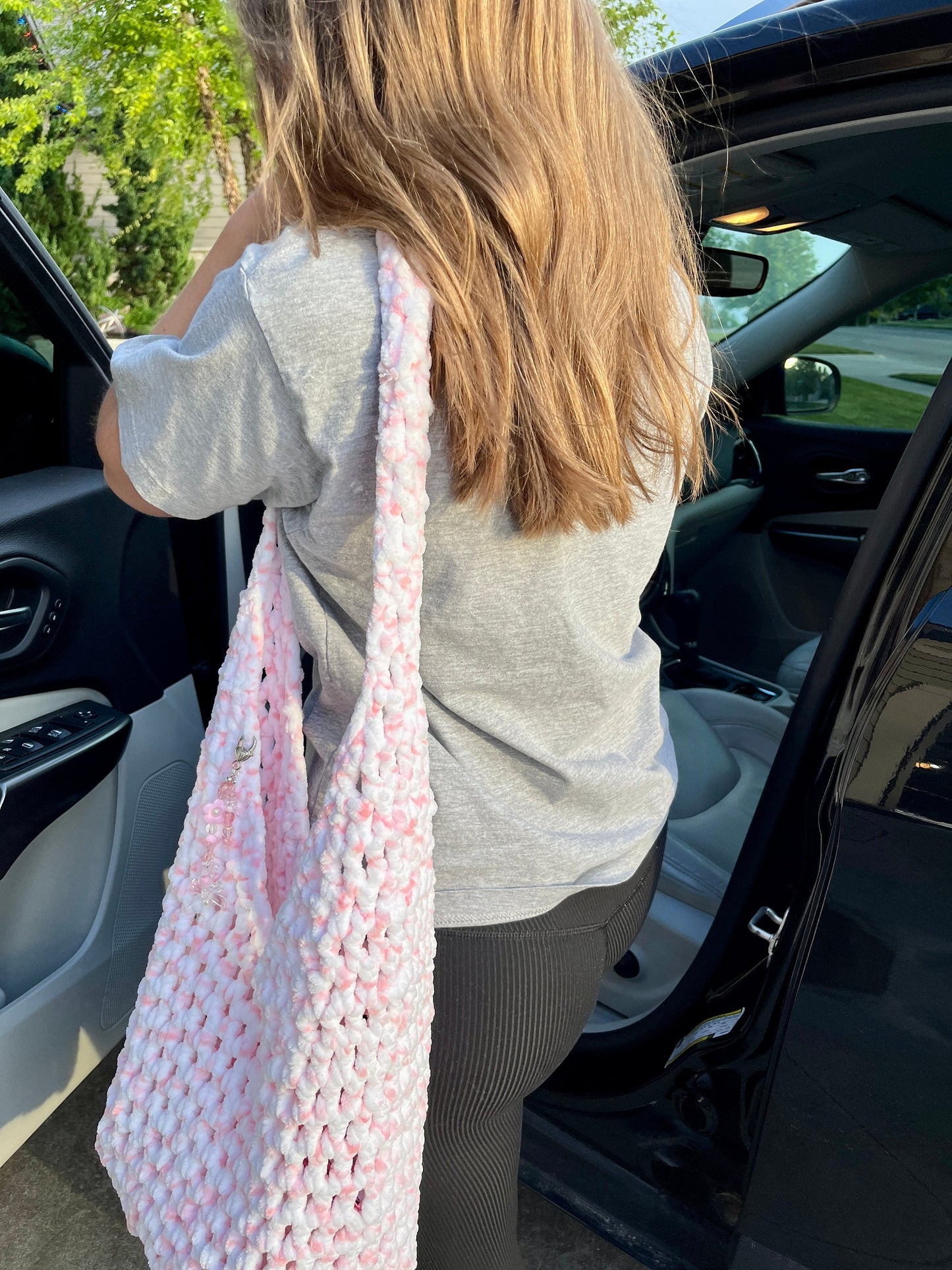 Pink and White Crocheted Market Bag