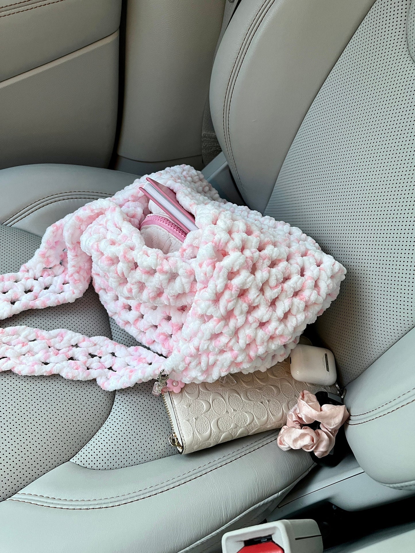 Pink and White Crocheted Market Bag