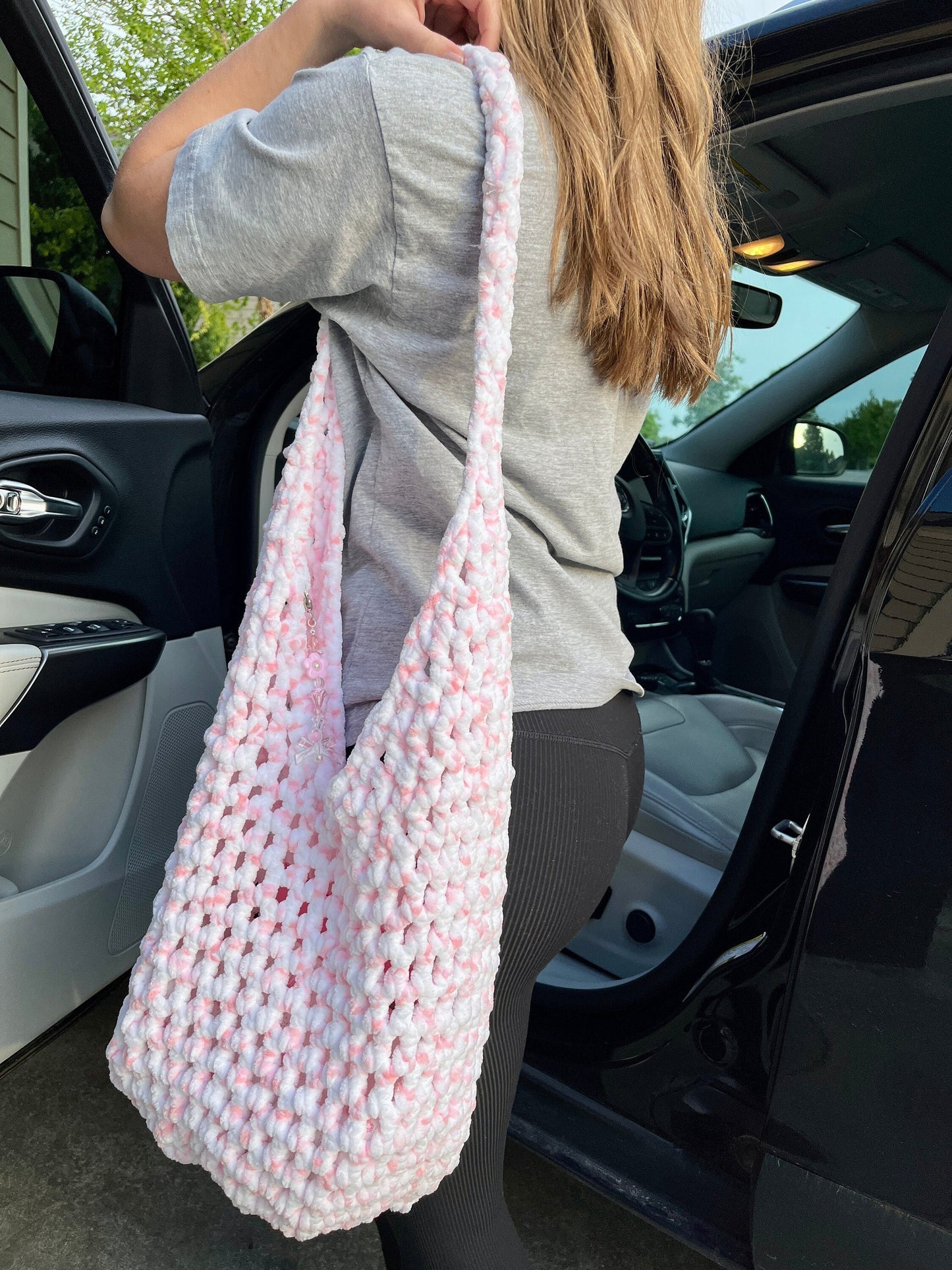 Pink and White Crocheted Market Bag