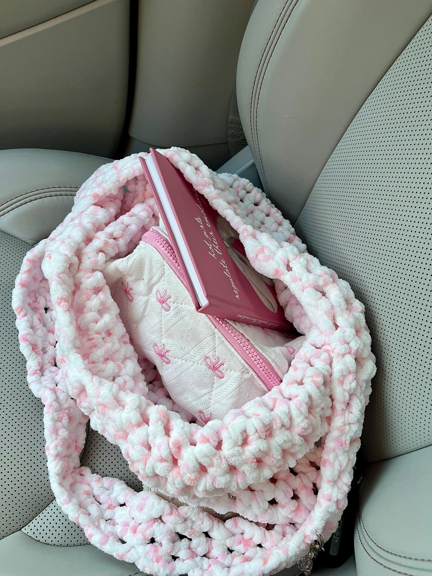 Pink and White Crocheted Market Bag