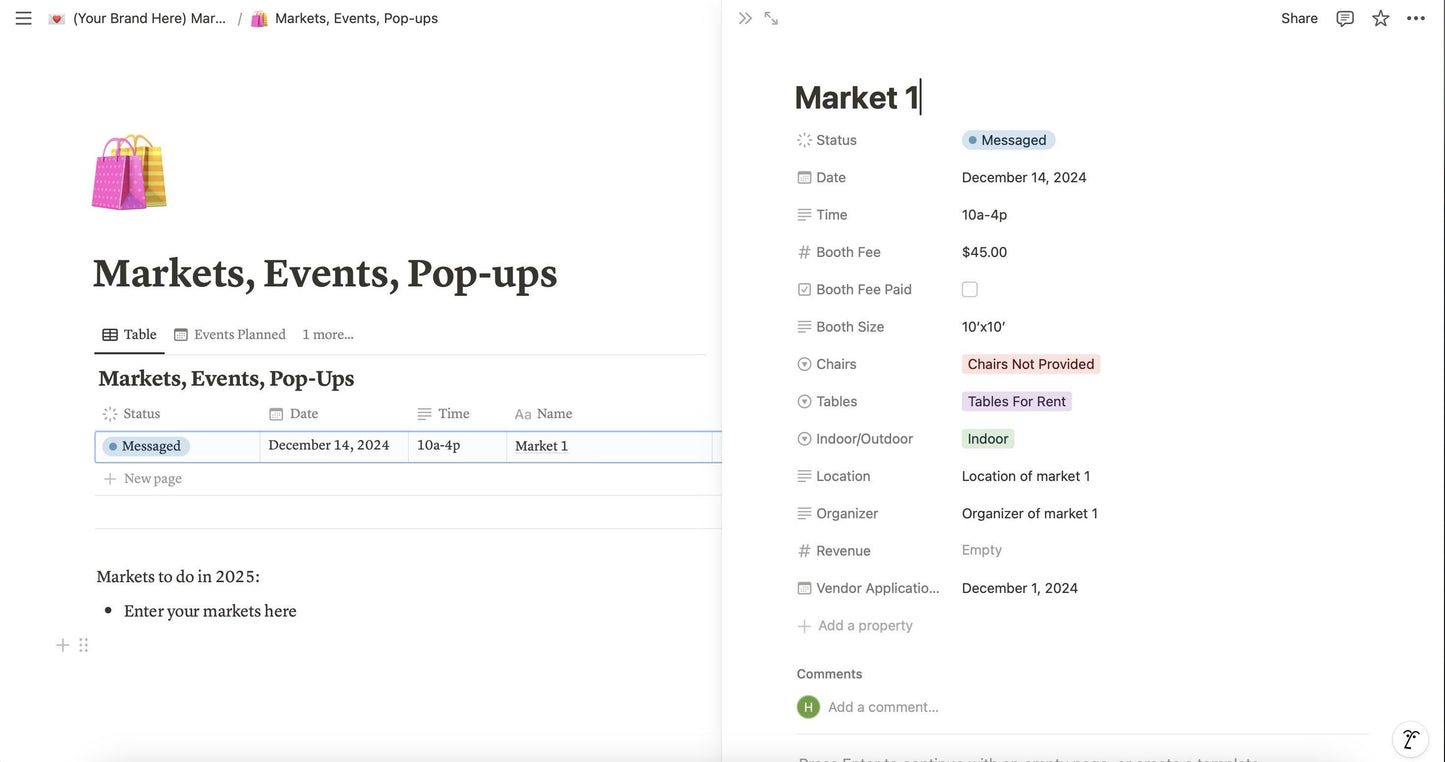 Notion Markets, Pop-Ups, & Events Tracker Digital Template