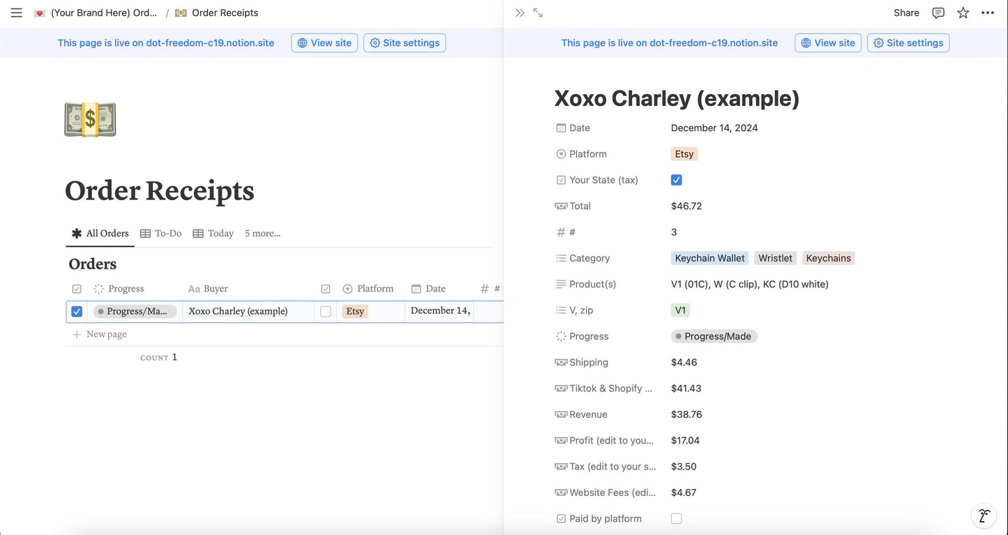 Notion Order Receipts & Fulfillment Tracker Digital Template
