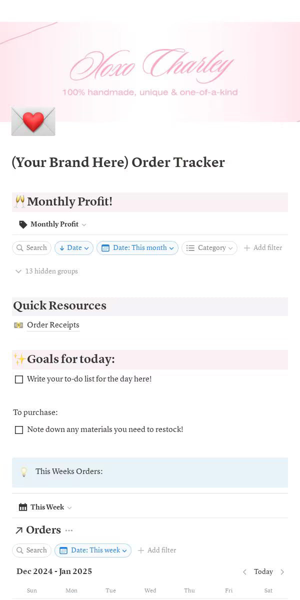 Notion Order Receipts & Fulfillment Tracker Digital Template