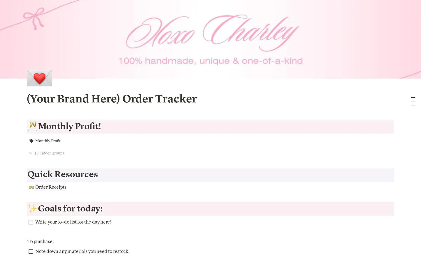 Notion Order Receipts & Fulfillment Tracker Digital Template